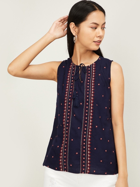

Fame Forever by Lifestyle Women Navy Blue Geometric Printed Tie-Up Neck Top