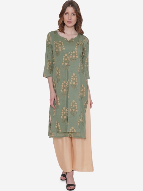 

Vedic Women Green Printed A-Line Dress