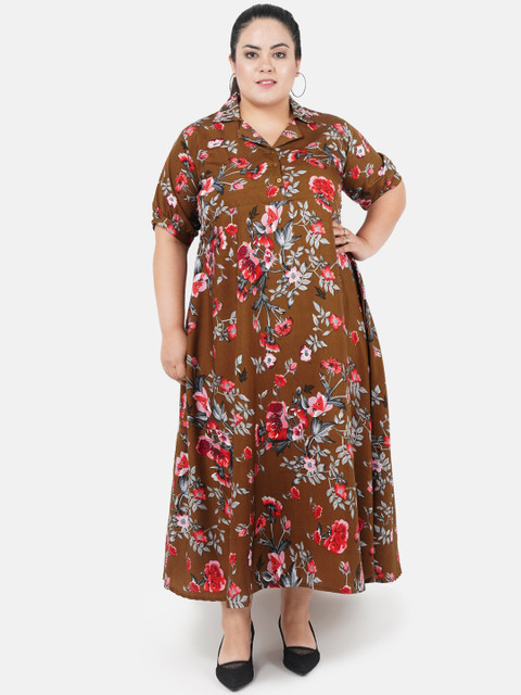 

Indietoga Women Brown Floral Printed Plus Size Maxi Dress