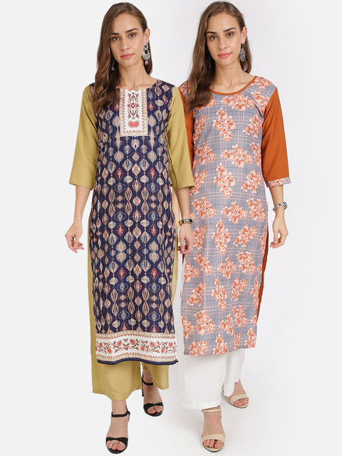 

Florence Pack of 2 Printed Crepe Straight Kurtas, Blue