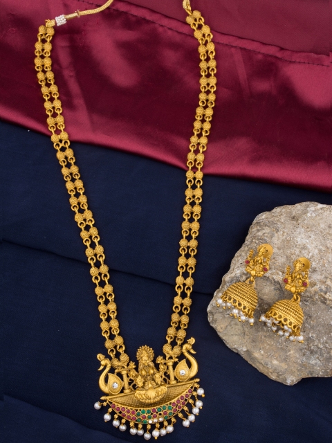 

Alankruthi Gold-Plated & Green Stone Studded & Beaded Temple Jewellery Set