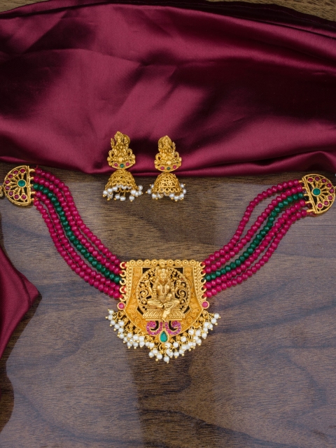 

Alankruthi Gold-Plated Green & Pink Stone-Studded Temple Jewellery Set