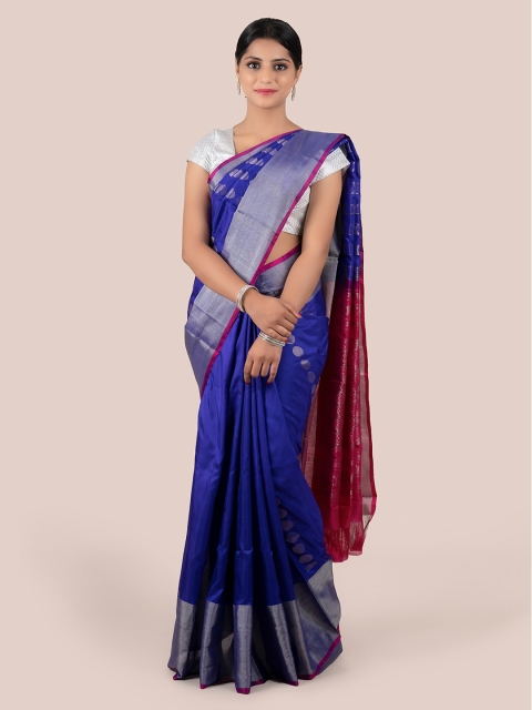 

Pothys Blue & Silver-Toned Pure Silk Woven Design Uppada Saree With Zari Border