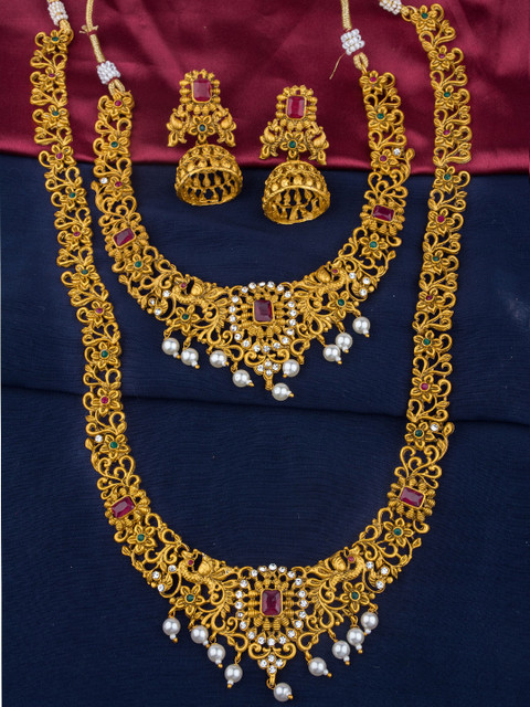 

Alankruthi Gold-Plated Green & Pink Stone-Studded & Beaded Temple Jewellery Set