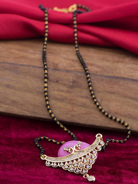 

Alankruthi Gold-Plated Black & White American Diamond-Studded Beaded Mangalsutra