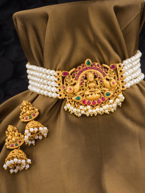 

Alankruthi Gold-Plated White & Green Beaded & Stone-Studded Multistranded Jewellery Set