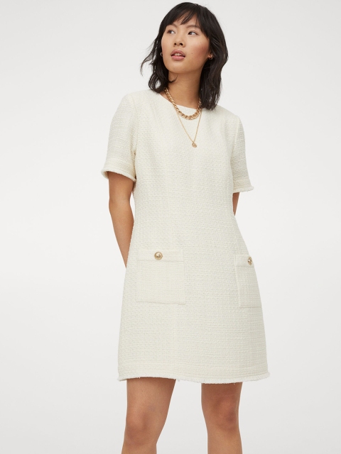 

H&M Women White Solid Boucle Dress