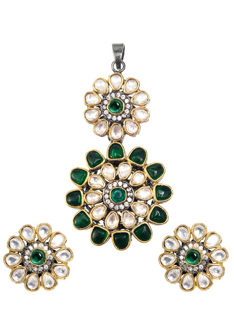 

INDYA Gold Plated Green & White Traditional Kundan Stone Studded Jewellery Set