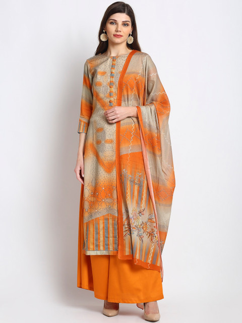 

Stylee LIFESTYLE Orange & Beige Cotton Blend Unstitched Dress Material