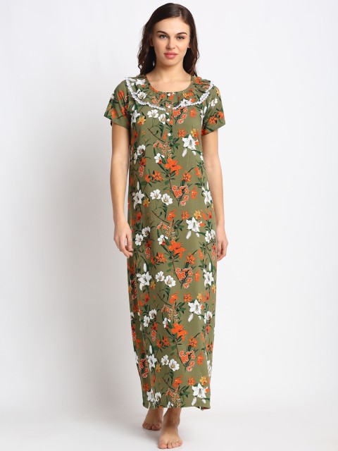 

Claura Olive Green & Orange Printed Nightdress