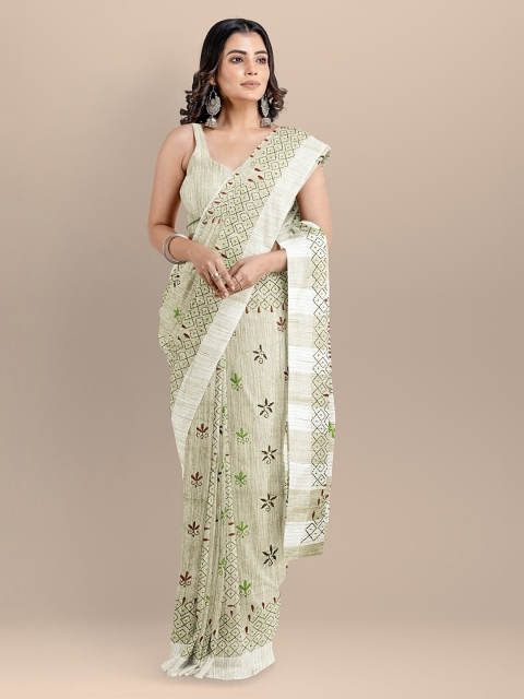 

BharatSthali Beige Silk Cotton Embroidered Taant Saree