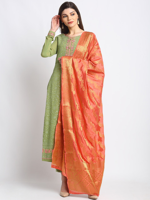 

Stylee LIFESTYLE Green & Peach-Coloured Poly Georgette Unstitched Dress Material