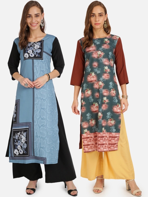 

Florence Women Pack Of 2 Blue & Green Floral Printed Crepe Kurtas