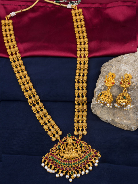 

Alankruthi Gold-Plated Pink & Green Stone Studded & Beaded Temple Jewellery Set