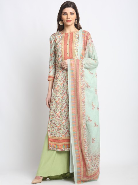 

Stylee LIFESTYLE Green & Peach-Coloured Cotton Blend Unstitched Dress Material