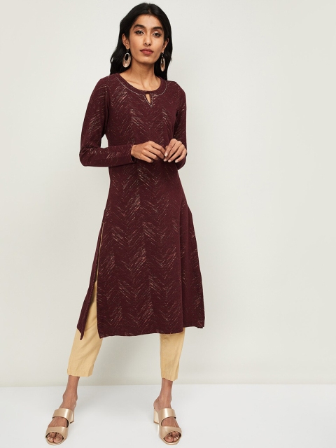 

Melange by Lifestyle Burgundy Chevron Keyhole Neck Jacquard Kurta
