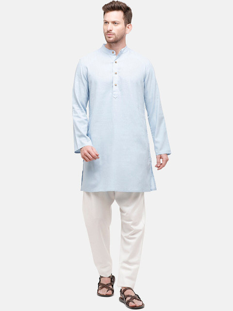 

CAVALLO by Linen Club Blue Solid Mandarin Collar Regular Sleeves Kurta
