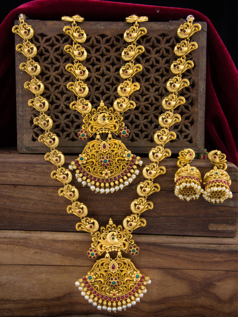 

Alankruthi Gold-Plated Pink & Green Stone Studded Jewellery Set
