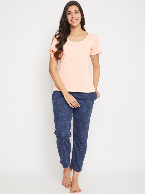 

Clovia Women Peach-Coloured & Blue Solid Night Suit
