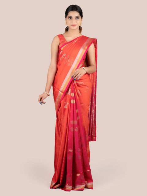 

Pothys Orange & Gold-Toned Pure Silk Woven Design Mysore Silk Saree With Zari Border