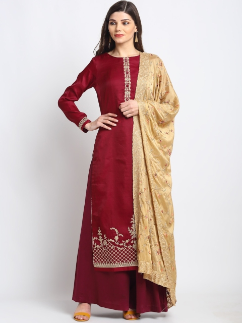 

Stylee LIFESTYLE Maroon & Beige Tussar Silk Unstitched Dress Material