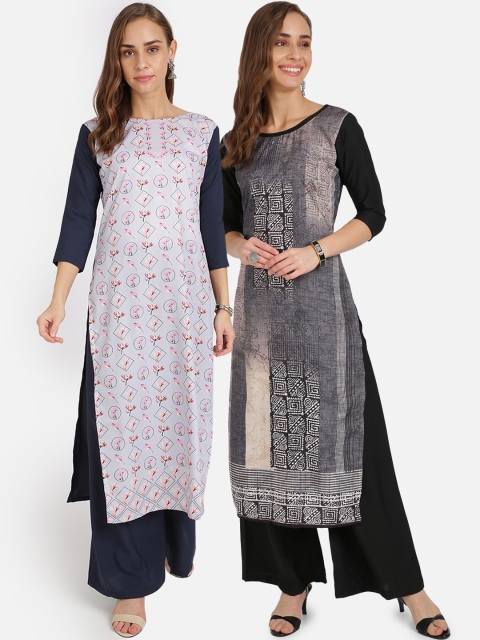 

Florence Women Pack Of 2 White & Grey Floral Printed Thread Work Crepe Kurtas
