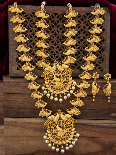 

Alankruthi Gold-Plated Pink & Green Stone-Studded Textured Temple Jewellery Set