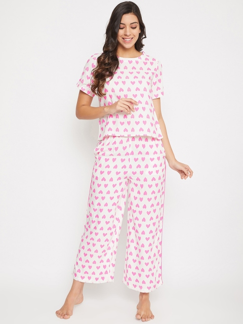 

Clovia Women White & Pink Printed Night Suit