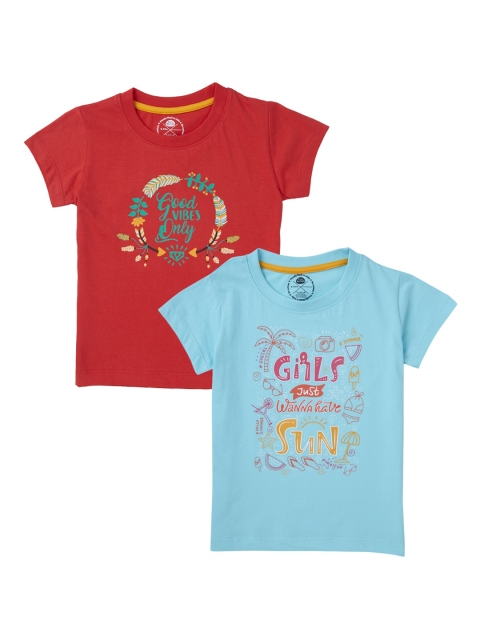 

Cub McPaws Girls Red and Turquoise Blue Printed Round Neck T-shirt Set of 2