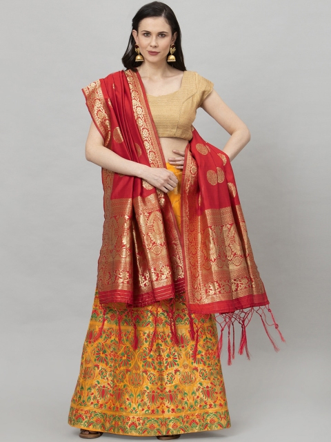 

Satrani Yellow & Red Woven Design Semi-Stitched Lehenga & Unstitched Blouse with Dupatta