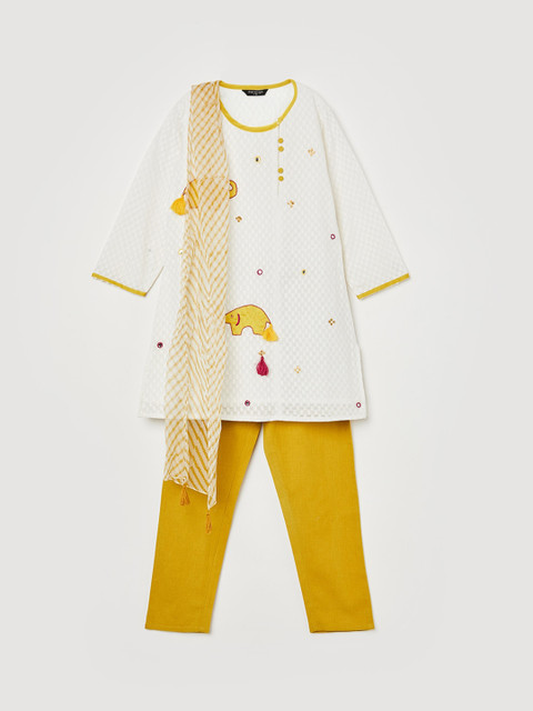 

Melange by Lifestyle Girls Off-White & Mustard Embroidered Kurta with Trousers & Dupatta