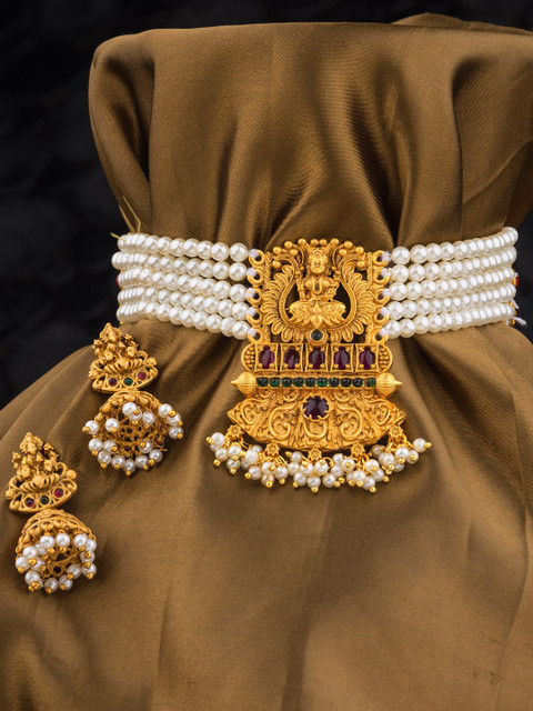 

Alankruthi Gold-Plated Pink & Green Stone Studded & Beaded Temple Jewellery Set