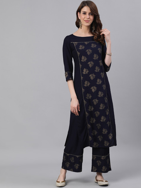 

Jaipur Kurti Women Navy Blue Printed Kurta with Palazzos