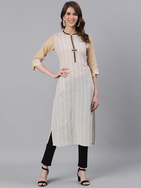 

Jaipur Kurti Off White Striped Mandarin Collar Regular Sleeves Kurta