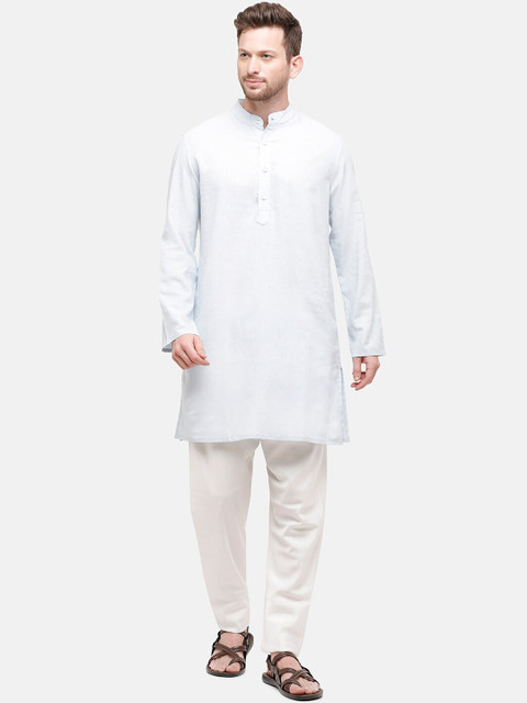 

CAVALLO by Linen Club Men Blue Solid Cotton Linen Kurta