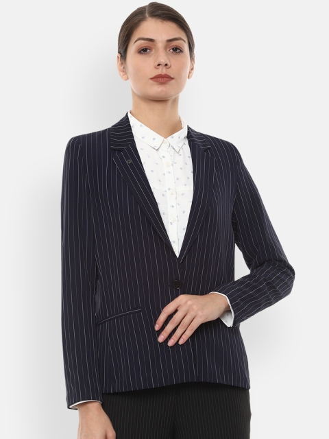 

Van Heusen Woman Women Navy Blue & White Striped Single-Breasted Formal Blazer