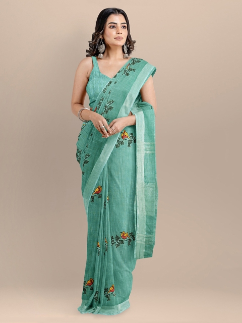 

BharatSthali Teal Pure Cotton Embroidered Mangalagiri Saree