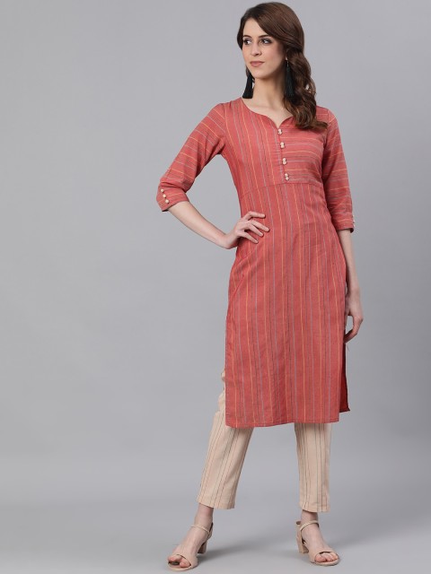 

Jaipur Kurti Women Brown & Beige Striped Kurta with Trousers