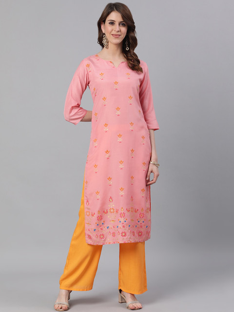 

Jaipur Kurti Women Pink & Orange Floral Printed Kurta with Palazzos