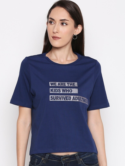 

People Women Blue Grey Printed Round Neck Pure Cotton T-shirt