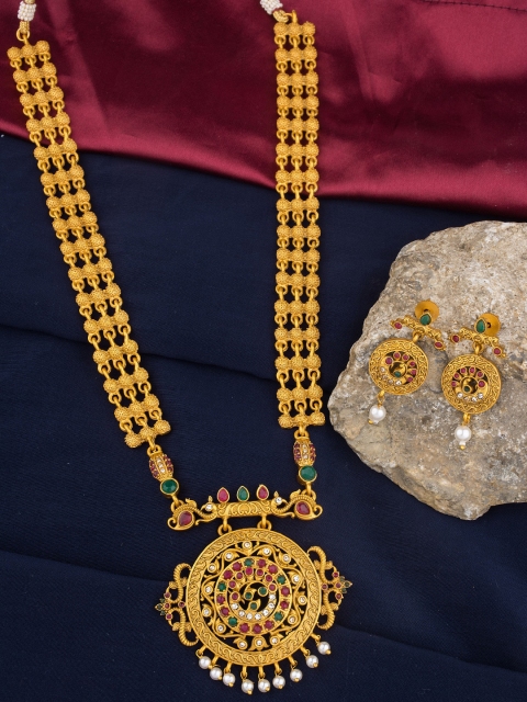 

Alankruthi Gold-Plated Pink & Green Beaded Multi-Stranded Temple Jewellery Set