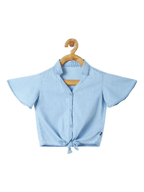 

VITAMINS Blue Embellished Flared Sleeves Pure Cotton Shirt Style Top