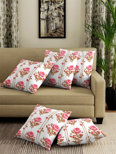 

NEUDIS Pink & White Set of 5 Floral Square Cushion Covers