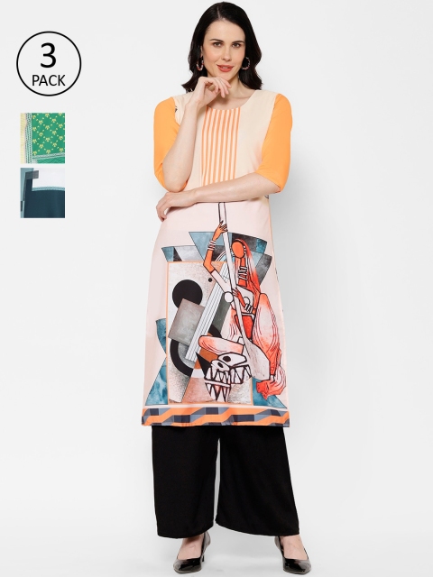 

7Threads Women Multicoloured Printed Crepe Kurta Pack of 3, Multi