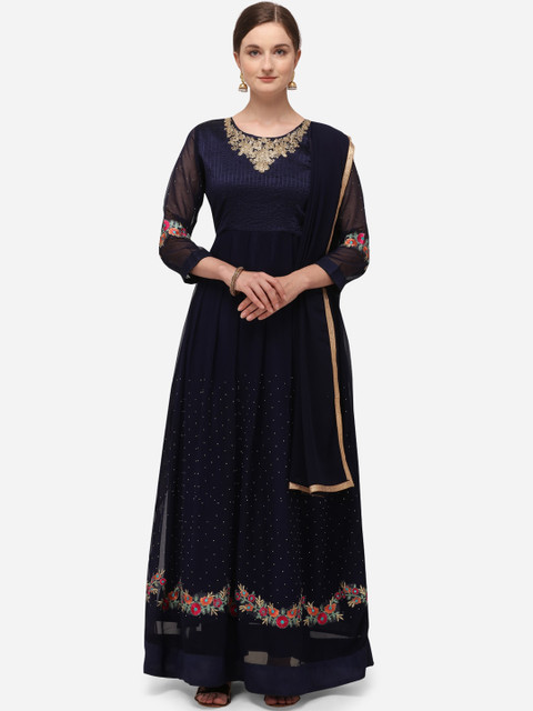 

Florence Navy Blue & Gold-Toned Poly Georgette Semi-Stitched Dress Material