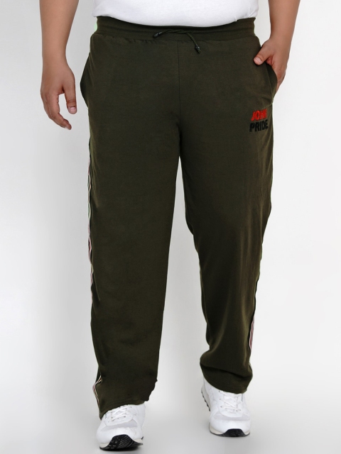 

John Pride Men Olive Green & Red Solid Straight Fit Plus Size Track Pants