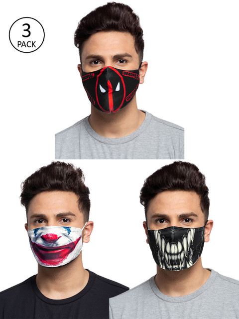 

TREEMODA Men Pack Of 3 Printed 3-Ply Reusable Cloth Masks, Black