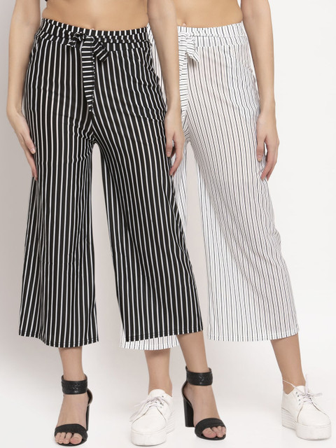 

KLOTTHE Women Pack of 2 Black & White Striped Wide Leg Palazzos