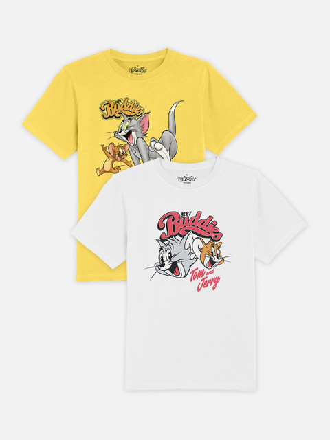 

Kids Ville Boys Pack Of 2 Tom Jerry Printed Round Neck Pure Cotton T-shirts, White
