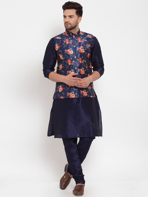 

GRACIT Men Navy Blue Solid Kurta with Churidar & Nehru Jacket